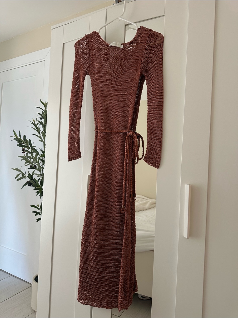 Zimmermann Rust Brown Open-Knit Maxi Dress with Tie Waist